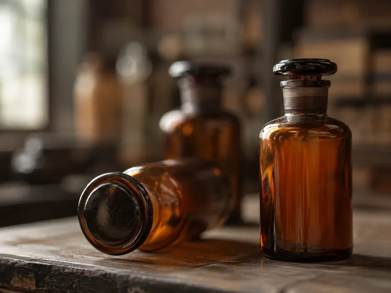 Amber apothecary bottles with ground glass stoppers on a wooden counter (illustrative)