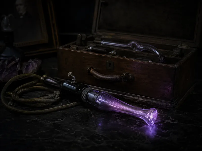 Early electrotherapy violet ray device with glass wand and wooden case (illustrative)