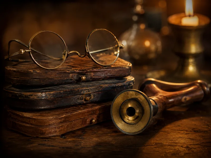 Antique round-frame spectacles, leather cases and a monaural stethoscope (illustrative)
