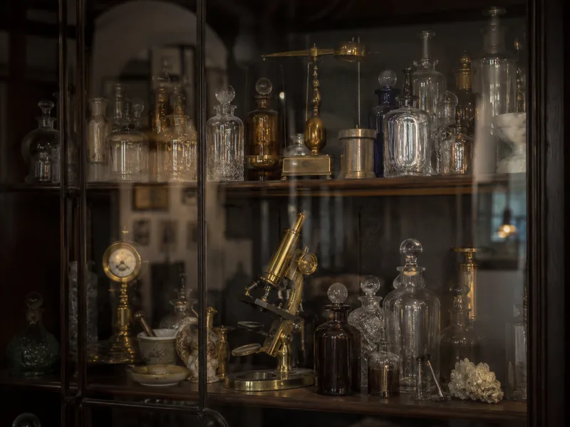 Display cabinet of assorted antique pharmacy glassware and brass instruments (illustrative)